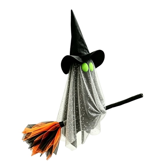 Gray Gauze Ghost Riding Broom Hanging Decoration with Button Battery, Single Witch Hat Ghost Ornament, Lightweight Mesh Fabric, Dual Display for Table or Hanging, Spooky Decor