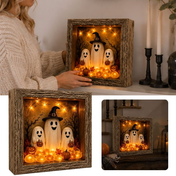 Halloween Ghost Shadow Box Wooden Ghost Family Decor Pumpkin Witch Ghost Tabletop Decor For Home Garden(Coffee-21.5Cm)