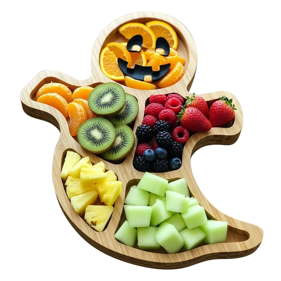 Halloween Ghost Shaped Bamboo Serving Tray for Appetizers Fruit Cheese Snacks Party Platter Board for Holiday Entertaining Display