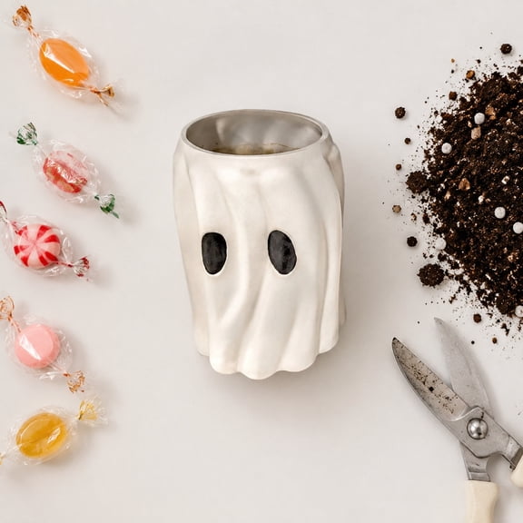 Halloween Ghost Shaped Ceramic Flower Pot, Dual Purpose Candy Storage Bucket Bonsaier, Spooky Cute Desktop Ornament for Home Office/Desk/Shelf/Room/Halloween Party/Festive Table Decoration, White