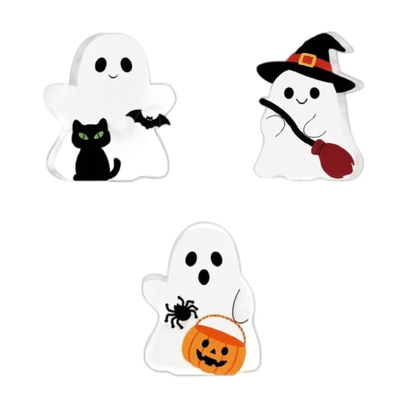 Halloween Ghost Shaped Tabletop Decoration Set for Holiday Party Home Office Desktop Display Witch Bat Cat Pumpkin Design, 3Pcs