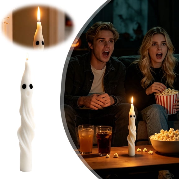 Halloween Ghost Shaped Taper Candles, Spiral Face Unscented Candlesticks, Warm White Decorative Candles, Spooky Home Decor