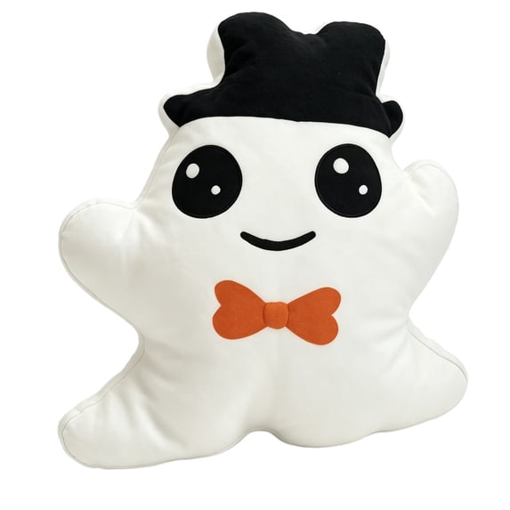 Halloween Ghost‑Shaped Throw Pillow, Soft Cotton Lumbar Cushion with Black Bow Tie for Couch Bed Living‑Room Halloween Home Decor,14In