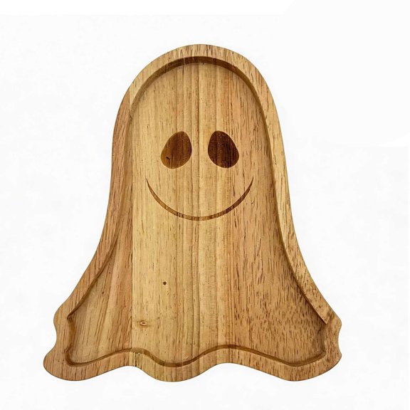 Halloween Ghost Shaped Wooden Serving Tray Rustic Natural Solid Wood Candy Dish with Raised Edge Cute Smile Decorative Platter for Holiday Party Tabletop Kitchen Counter Dessert Snack Display