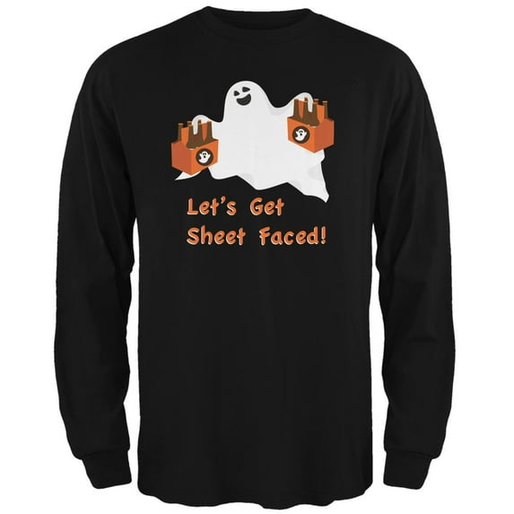 Halloween Ghost Sheet Faced Black Adult Long Sleeve T-Shirt - Small