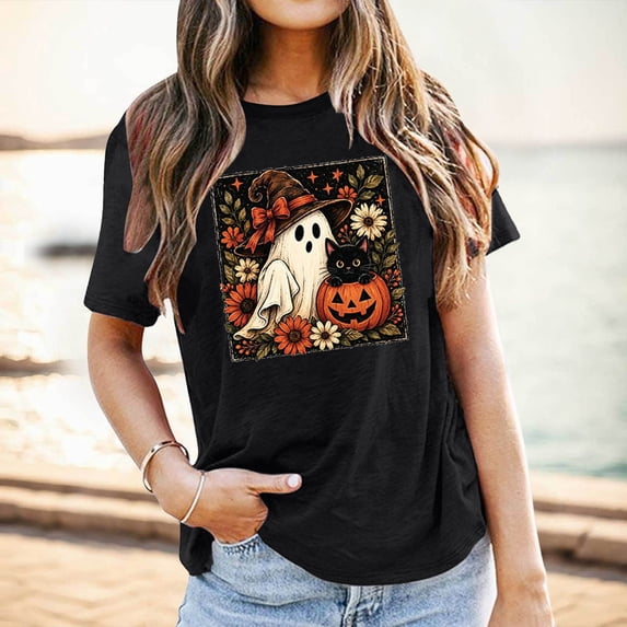 Halloween Ghost Shirt for Women Fall Pumpkin Ghost & Black Cat Graphic Tees Autumn Halloween Outfits Tops (Black XL)