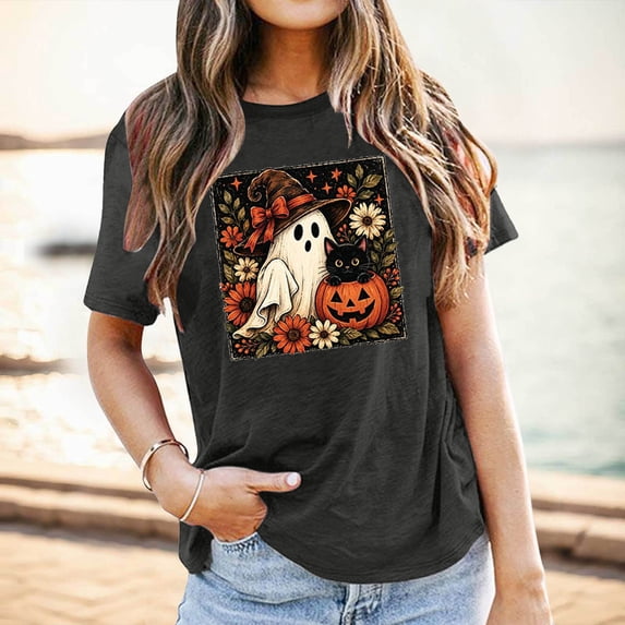 Halloween Ghost Shirt for Women Fall Pumpkin Ghost & Black Cat Graphic Tees Autumn Halloween Outfits Tops (OTHER M)