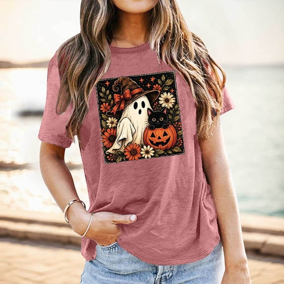 Halloween Ghost Shirt for Women Fall Pumpkin Ghost & Black Cat Graphic Tees Autumn Halloween Outfits Tops (Rose Gold L)
