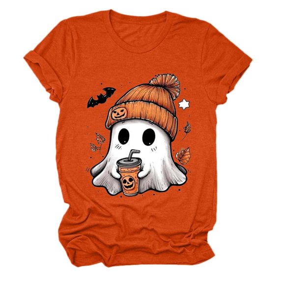 Halloween Ghost Shirts for Women Casual Short-Sleeved Ghost Print T-Shirt Retro Fall Spooky Season Tees Tops