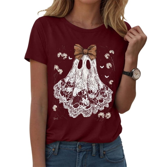 Halloween Ghost Shirts for Women Casual Short-Sleeved Ghost Print T-Shirt Retro Fall Spooky Season Tees Tops