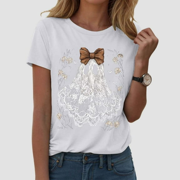 Halloween Ghost Shirts for Women Casual Short-Sleeved Ghost Print T-Shirt Retro Fall Spooky Season Tees Tops