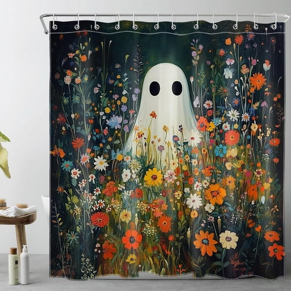 Halloween Ghost Shower Curtain with 12 Hooks Watercolor Colorful Wildflower and Spooky Ghost Bathroom Curtains,Dark Floral Plant Washable Waterproof Fabric Bath Curtain Decor,72x72 Inch
