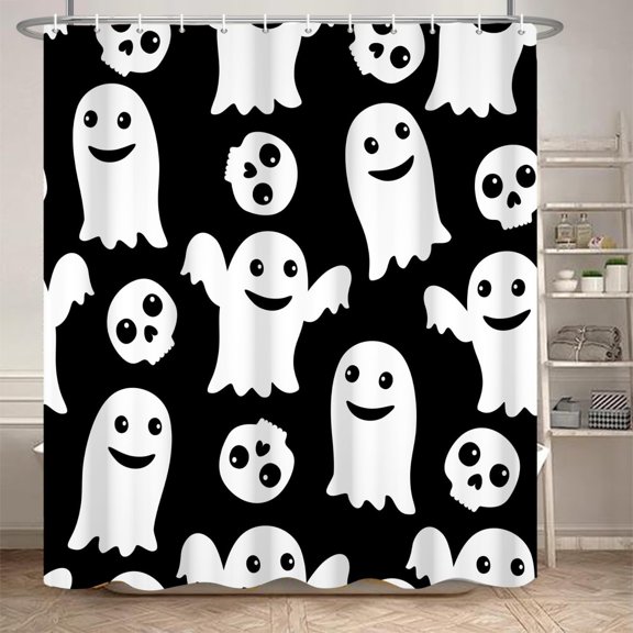 Halloween Ghost Shower Curtain Cartoon Cute Ghost Funny Skull Black and White Bath Curtain for Halloween Themed Bathroom Bathtub Decorative Polyester Fabric Accessories with Hooks, 72x72 Inch
