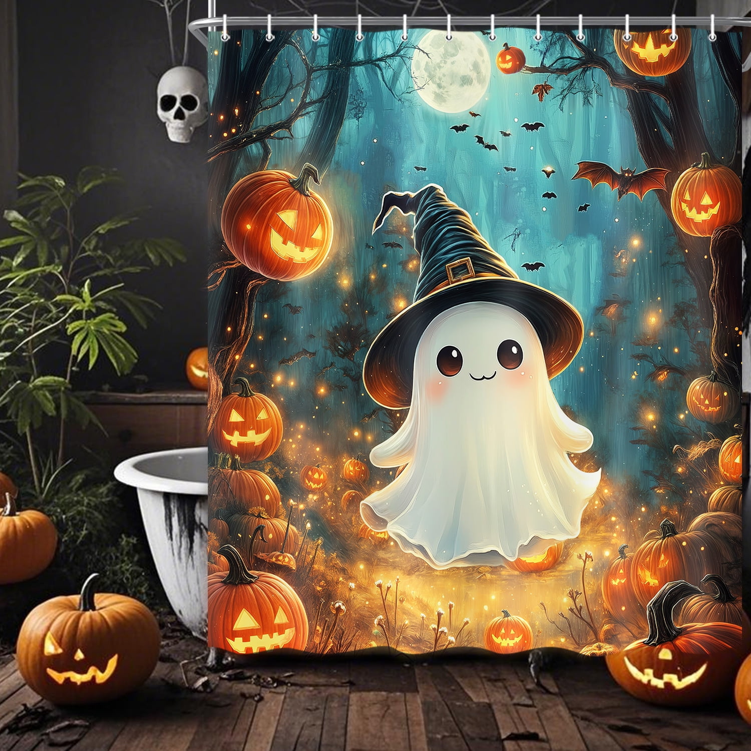 Halloween Ghost Shower Curtain, Cute Funny Ghosts Pumpkin Full Moon Shower Curtain Set for Bathroom, Gothic Scary Night Forest Bathtub Decor Accessories with Hooks, 70X85in