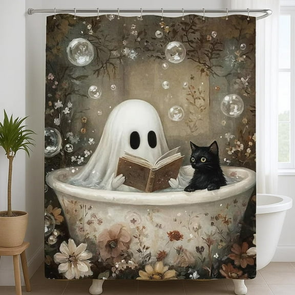 Halloween Ghost Shower Curtain, Ghost and Black Cat Gothic Bath Tub Curtain, Halloween Horror Funny Spooky Bathroom Decor(72 X 72 Inches)