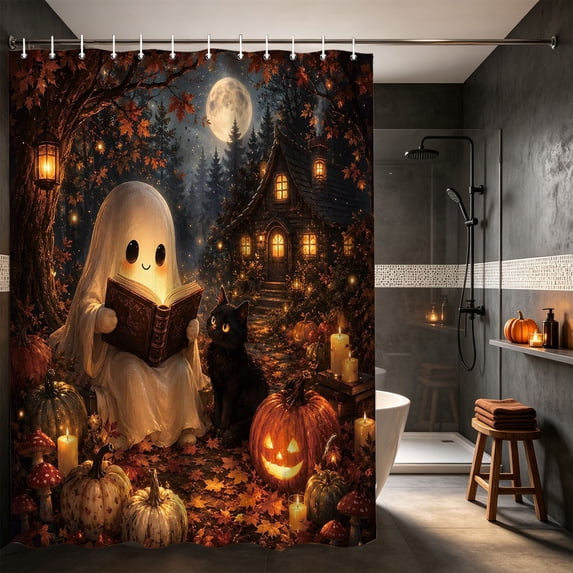 Halloween Ghost Shower Curtain, Halloween Ghost and Pumpkin, Autumn Rustic Farmhouse Bathroom Decor Waterproof Fabric Shower Curtains,70.9"x59"(E)