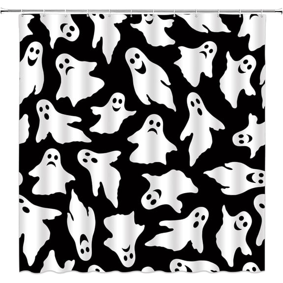 Halloween Ghost Shower Curtain Spooky Cute Funny Cartoon Ghosts Icons Black and White Trick or Treat Halloween Decor Fabric Bathroom Curtain with Hook