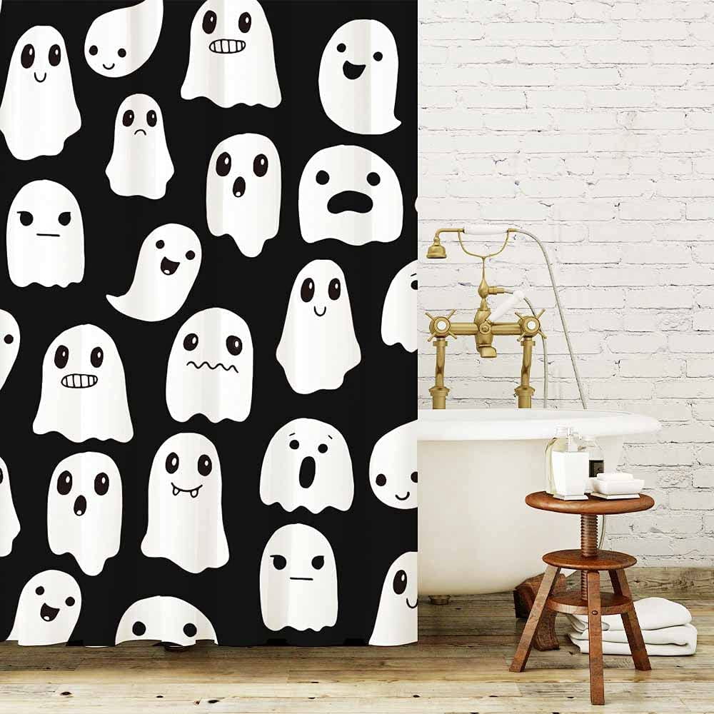 Halloween Ghost Shower Curtain, Spooky Cute Funny Cartoon Ghosts Icons ...