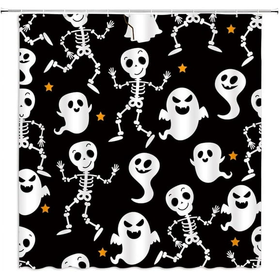 Halloween Ghost Shower Curtain Spooky Cute Funny Cartoon Ghosts Skull Stars Black and White Halloween Decor Fabric Bathroom Curtain with Hook
