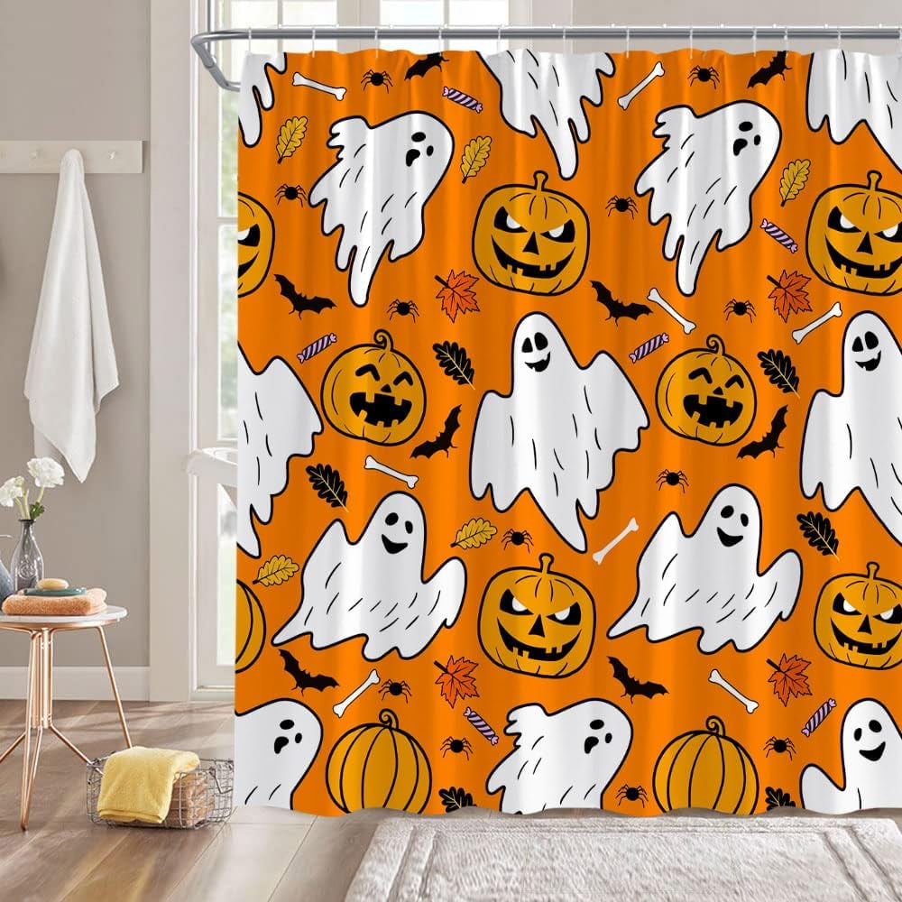 Halloween Ghost Shower Curtain Spooky Ghost Pumpkin Bat Cartoon Funny ...