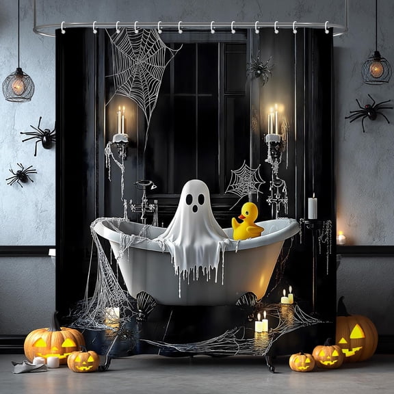 Halloween Ghost Shower Curtain Spooky Horror Bathtub Gothic Window Spider Web Scary Night Trick or Treat Fabric Bathroom Decor Bath Curtain with Hooks