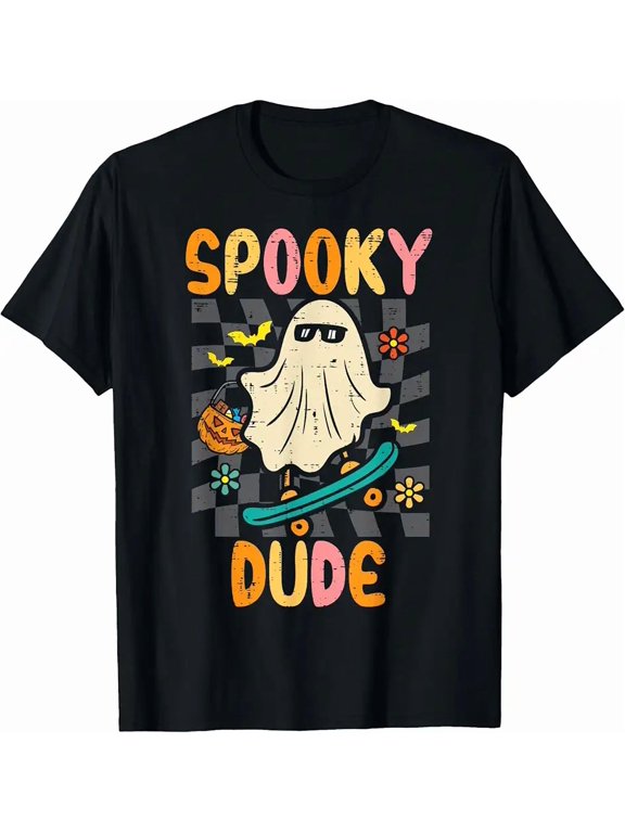 Halloween Ghost Skateboard Spooky Dude Costume Boys Kids Men T-Shirt