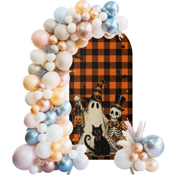 Halloween Ghost Skeleton Black Cat Arch Backdrop Cover Spandex Fitted Arch Cover 6FT,Arches Backdrop Stand Covers for Wedding Birthday Party Ceremony Banquet Decoration Orange Plaid