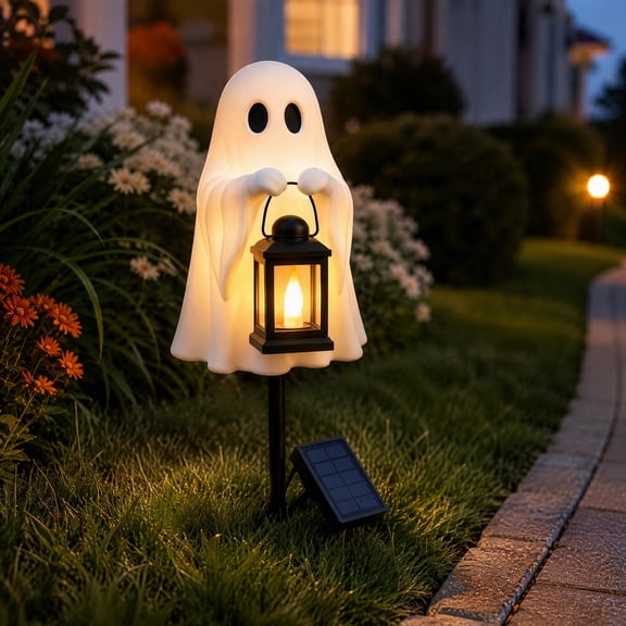 Halloween Ghost Solar Garden Stake Light, Cute Ghost Holding Lantern LED Decor Lamp, Waterproof Outdoor Yard Lawn Pathway Halloween Decor