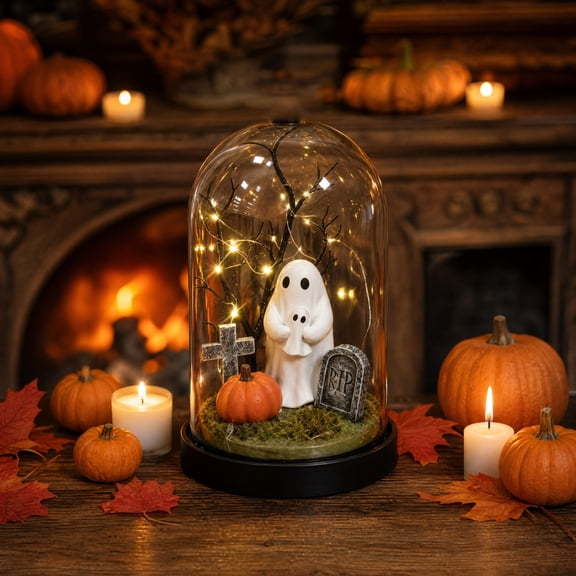 Halloween Ghost Spooky Table Decor, Haunted Mansion Decor Glass-Dome Graveyard Scene with Bat-Top Mom-Baby Ghost Masks Mini Tombstone for Mantel Coffee Table Gothic Centerpiece, Spooky Home Decor