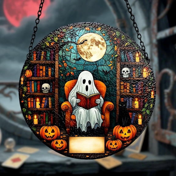 Halloween Ghost Stained Glass Suncatcher, Spooky Window Hanging Art, Moonlit Haunted Library Decor, Spooky Pumpkin Autumn Glass Gift