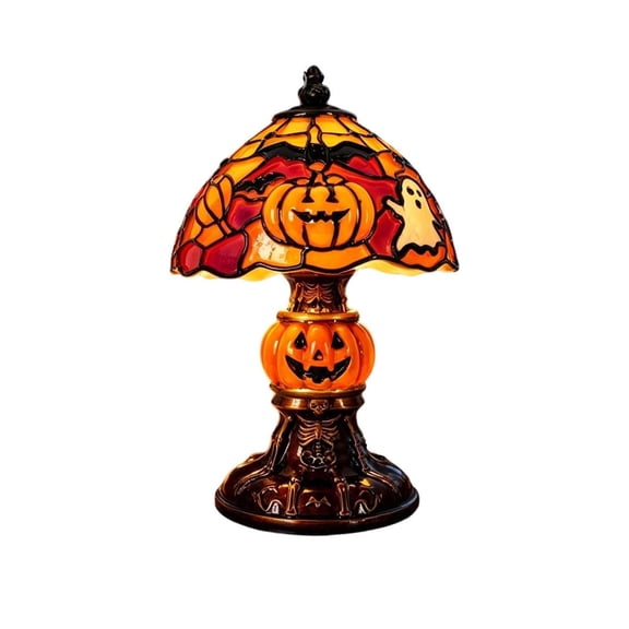 Halloween Ghost Stained Night Light, USB Powered Gothic Resin Table Lamp with Bat & Pumpkin, Retro Decorative Lamp