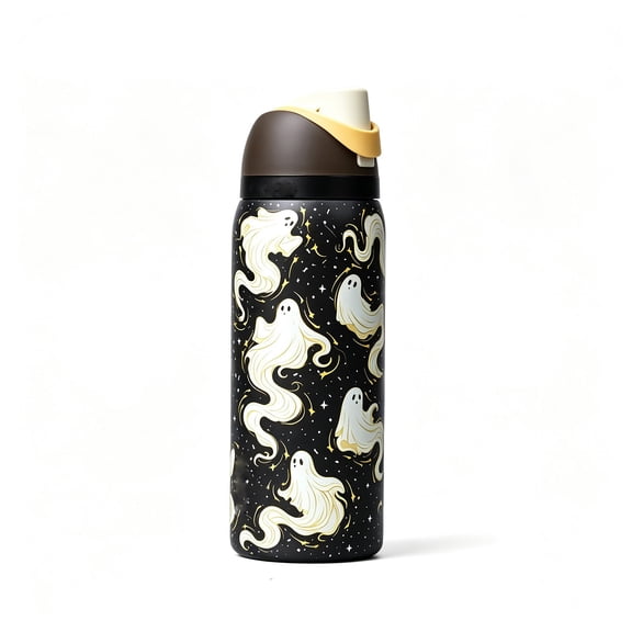 Halloween Ghost Stainless Steel Water Bottle, Insulated Water Bottle with Straw Lid, Double Wall Vacuum Bottle, Black Ghost Print for School, Work, Gym and Travel