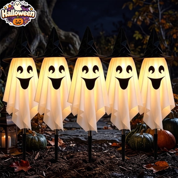 Halloween Ghost Stake Lights Set of 5, Witch Hat LED Ghost Pathway Lights Battery Operated, Indoor Outdoor Halloween Decorations, Spooky Lawn Light for Yard Garden Haunted House Porch Walkway Decor