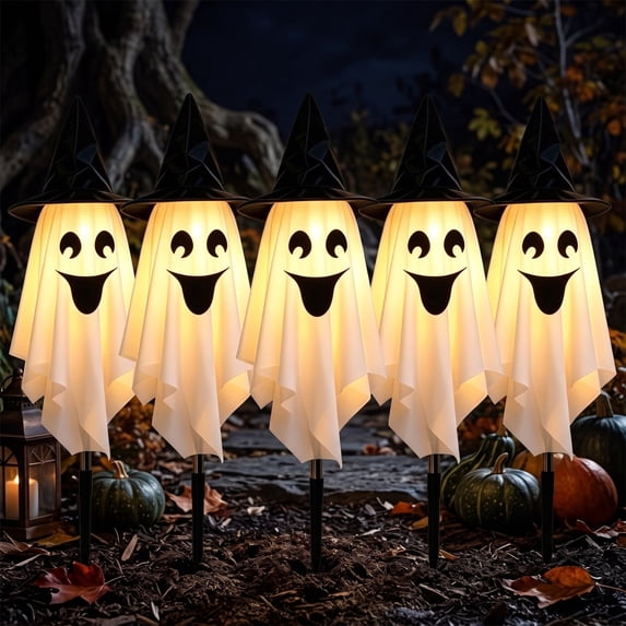 Halloween Ghost Stake Lights Set of 5, Witch Hat LED Ghost Pathway Lights Battery Operated, Indoor Outdoor Halloween Decorations, Spooky Lawn Light for Yard Garden Haunted House Porch Walkway Decor