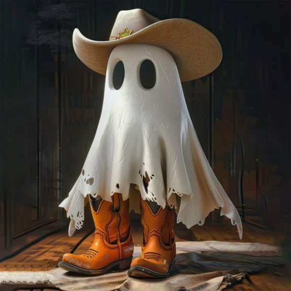Halloween Ghost Statue with Cowboy Boot & Hat, Halloween Ghost Cowboy Ghost Cute Decor, Resin Ghost Decorations for Tabletop Halloween Decor, Halloween Ghost