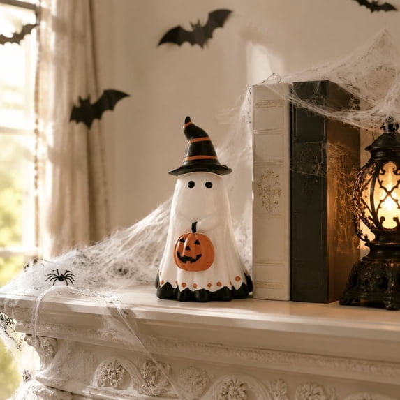 Halloween Ghost Statue, Ghost Holding Pumpkin Decor, Resin Halloween Tabletop Decoration, Cute White Ghost Figurine, Fall Shelf Mantel Fireplace Home Decor, Halloween Collectible Ornament