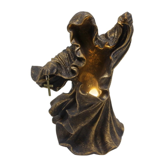 Halloween Ghost Statue Led Night Light,85 Inch Resin Figurine Bronze Reaper Hooded Cross Gothic Spooky Home Decor Glowing Ornament Sculpture Art.