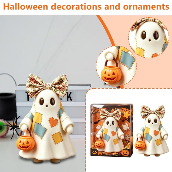 Halloween Ghost Statue, Vintage Ghost Lamp Mini Figurines, Halloween Lights Indoor Decor With Pumpkin Bucket and Floral Bow, Cute Decorations for Home, Tabletop Mantel and Shelf Display, yellow