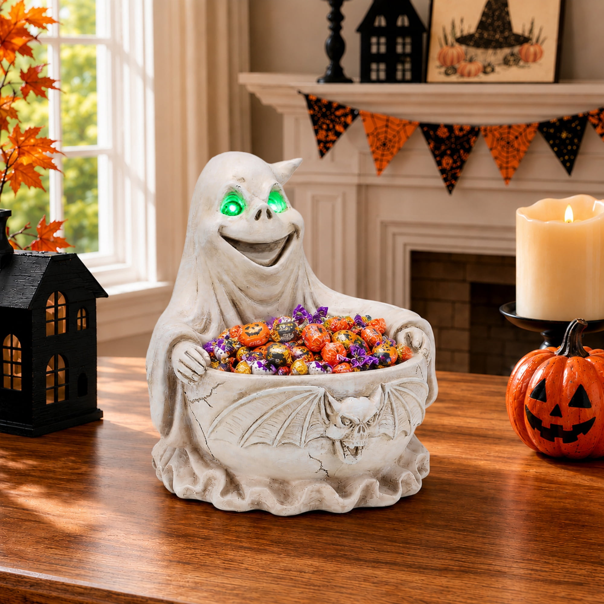 Halloween Ghost Storage Bowl with LED Light, Spooky Resin Candy Dish and Tabletop Decor for Halloween Party, White
