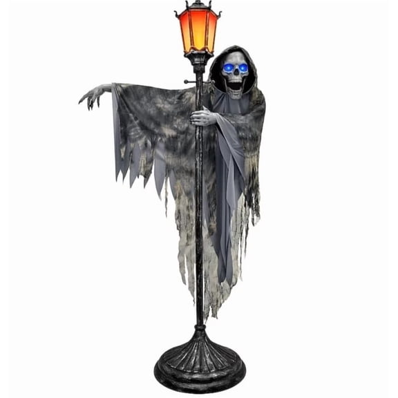 Halloween Ghost Street Lamp Prop, Light Up Grim Reaper with Glowing Blue Eyes, Tattered Robe Skeleton Statue for Outdoor Yard Porch and Haunted House Decor