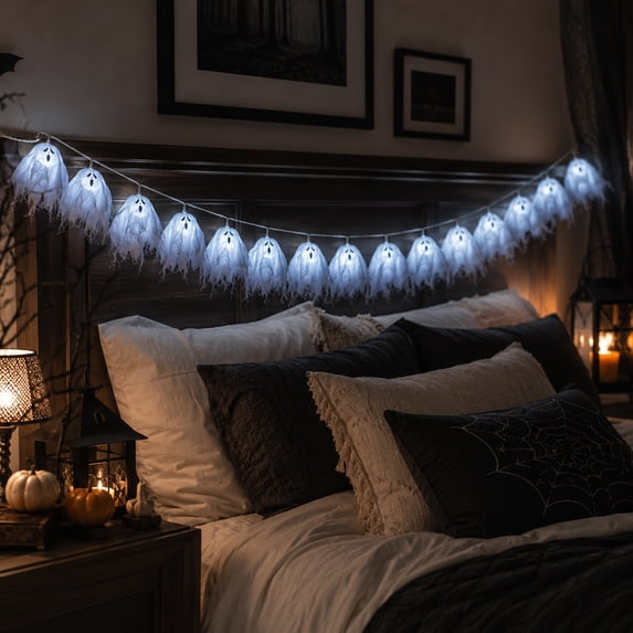 Halloween Ghost String Lights, 19.7ft 40-LED Battery Operated Decorative Lights for Party Decor, Cool White Holiday Lighting, 1Pack