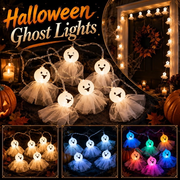 Halloween Ghost String Lights, 9.8Ft Cute Ghost Multicolor Fairy Lights, Battery Operated Spooky White Tulle Ghost LED Garland for Halloween Window Mantel Fall Party Home Decor