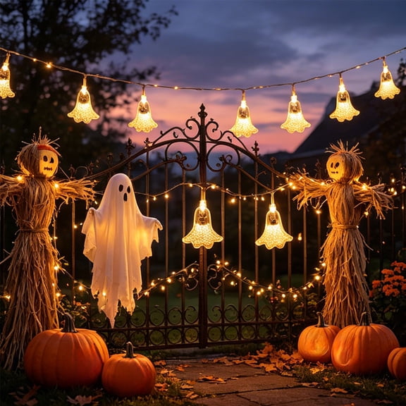 Halloween Ghost String Lights Battery Operated Transparent Skirt LED Fairy Lights 10 Warm White Bulbs 1.5M for Mantle Table Decor