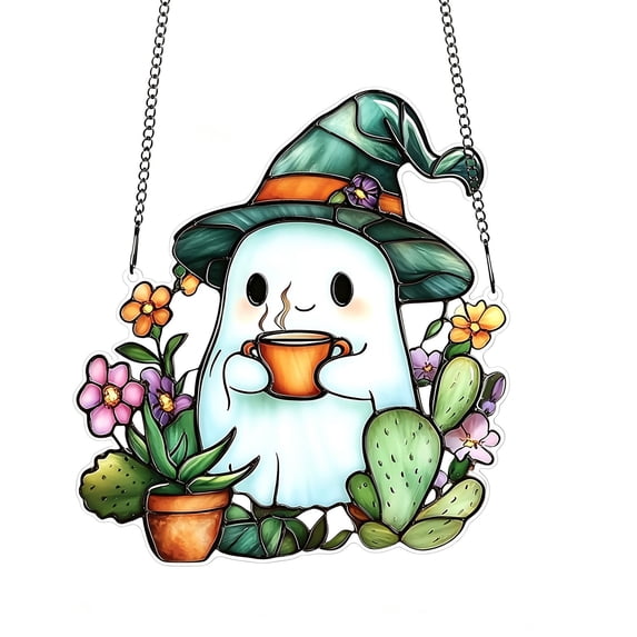 Halloween Ghost Suncatcher, 7.87X7.28 inch Acrylic Hanging Ornament, 2D Flat Window Pendant, Cute Halloween Wall Decor, Festive Garden Hanging Sign, Halloween Home Decoration for Party Display