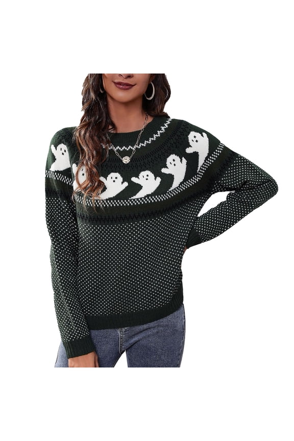 Halloween Ghost Sweater Halloween Retro Ghost Polka Dot Print Long Sleeve Crewneck Knitted Sweater for Women Green L