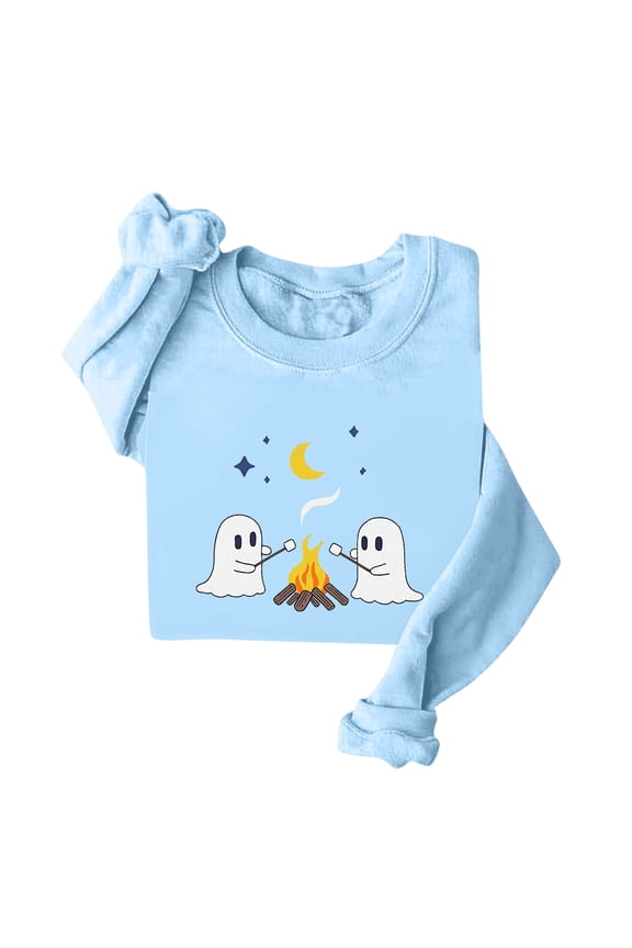 Halloween Ghost Sweatshirts for Women Long Sleeve Crewneck Loose Fit Cute Spooky Printing Pumpkin Top Soft Sweater Costumes