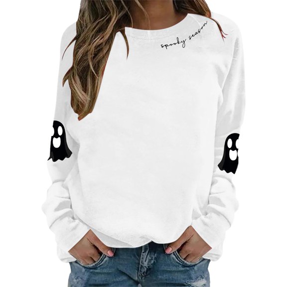 Halloween Ghost Sweatshirts for Women Spooky Season Sweatshirt Halloween Graphic Crewneck Fall Embroidered Pullover Top, XXL
