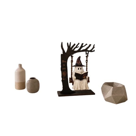 Halloween Ghost on Swing Tabletop Decoration, Cute Reading Ghost with Witch Hat Pumpkin Tree Stand, Spooky Fall Mantel Shelf Desk Decor for Home Office Party