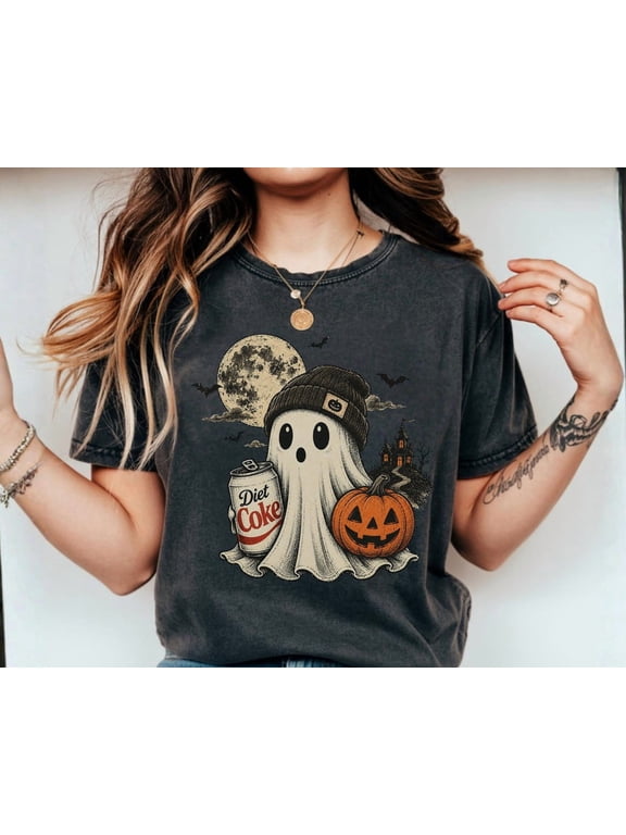 Halloween Ghost T-Shirt, Funny Skeleton Tee, Diet Coke Lover Apparel,Charcoal Color,Size XL