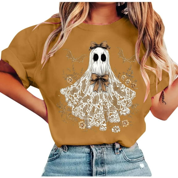 Halloween Ghost T-Shirt Women Round Neck Short Sleeve Shorts Fall Spooky Funny Graphic Tee Casual Party Top